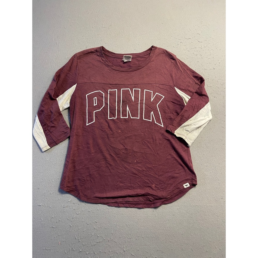 PINK Victoria's Secret Tee Cotton Burgundy White Medium Womens